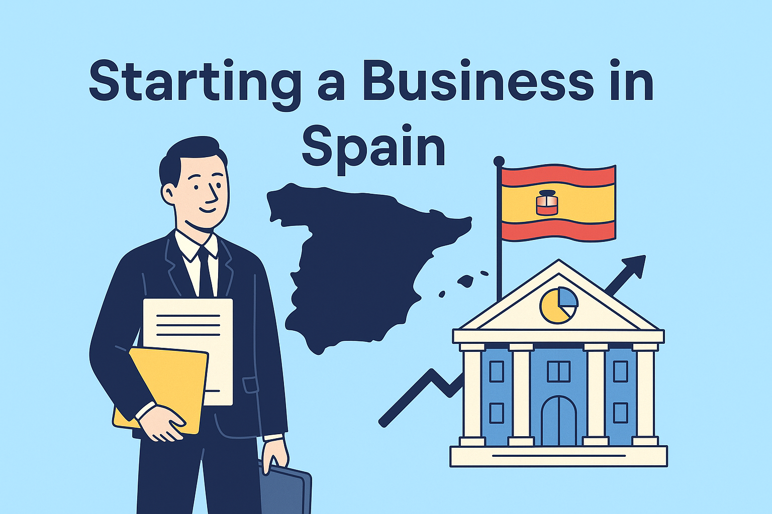 Business professionals discussing legal documents with the Barcelona skyline in the background — blog header for “Starting a Business in Spain: The Complete Legal and Compliance Guide 2025” by Plan B Legal, covering company formation, employment law, and tax compliance in Spain.